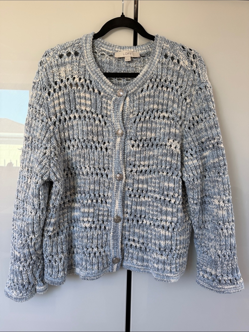 LOFT Blue and White Marled Open-Knit Button Cardigan